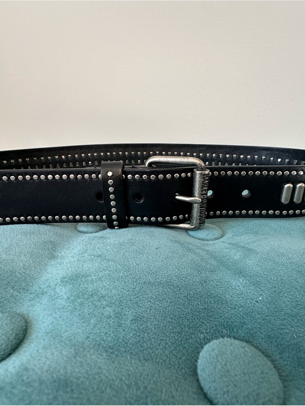 Harley-Davidson Black Leather Studded Belt with Branded Silver Buckle